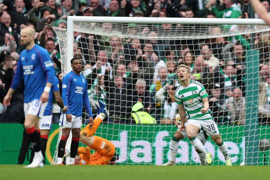 Celtic's Daizen Maeda celebrates scoring against Rangers
