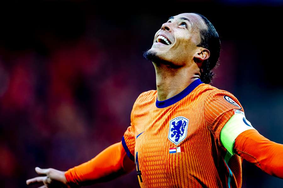The Netherlands' Virgil van Dijk celebrates scoring the 3-0 against Malta