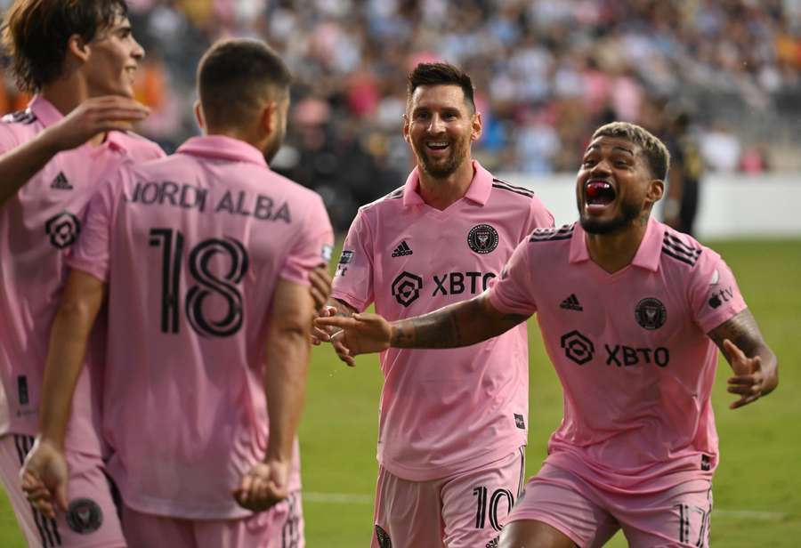 Inter Miami's Argentine forward #10 Lionel Messi with Venezuelan forward #17 Josef Martinez celebrate Spanish defender #18 Jordi Alba's goal