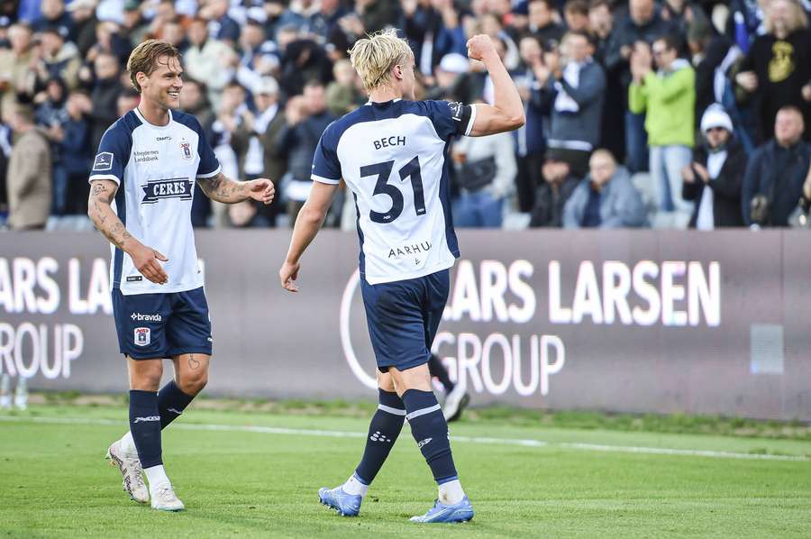 Tobias Bech celebrates AGF's second goal