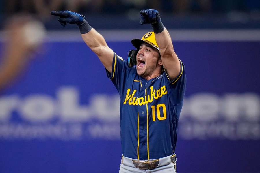 Brewers' Sal Frelick celebrates during Game 3 of the 2026 World Series Brewers' Sal Frelick celebrates during Game 3 of the 2026 World Series