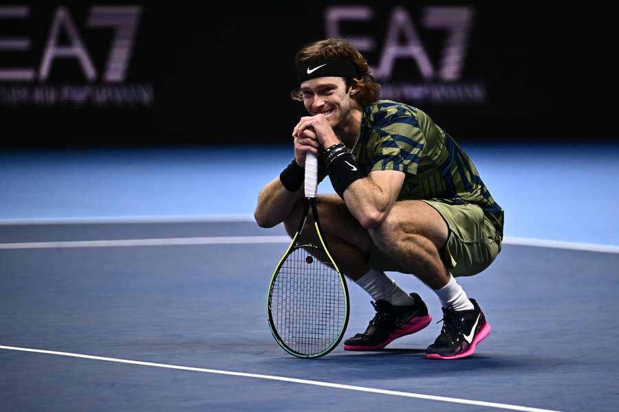 Russia's Andrey Rublev reacts after winning his round-robin match against Greece's Stefanos Tsitsipas