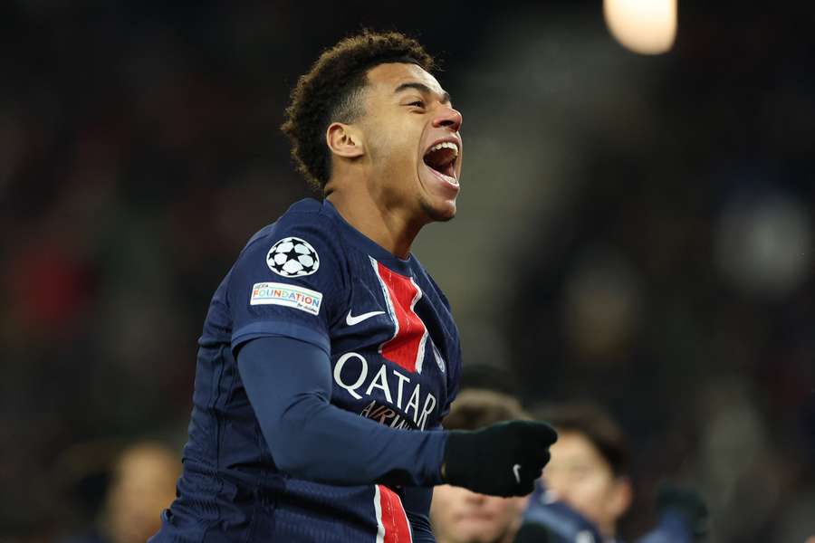 Désiré Doué après son but en Ligue des champions.