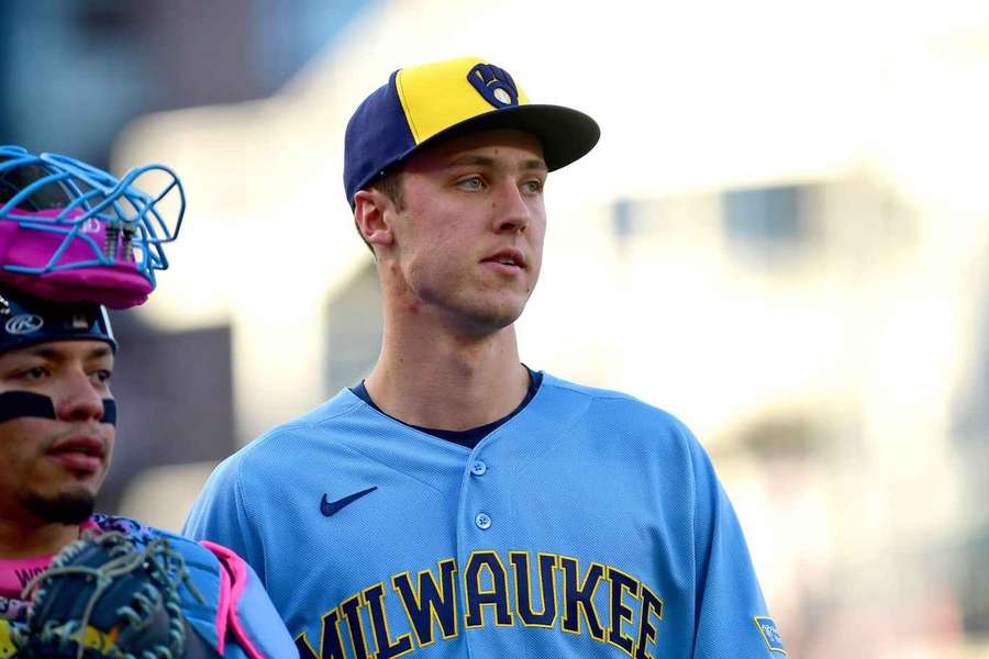 Brewers' Jacob Misiorowski looks to the dugout before leaving the game against Washington Nationals