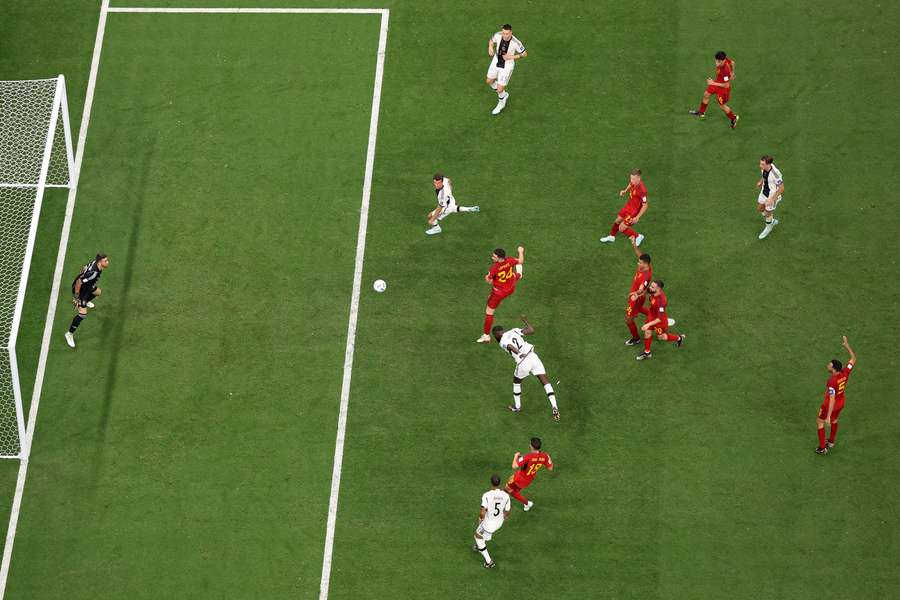Germany #2 Antonio Rudiger scores a header against Spain at the 2022 World Cup