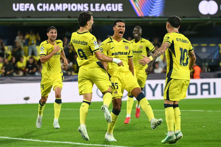 Santiago Mourino, centre, celebrates his goal for Villarreal