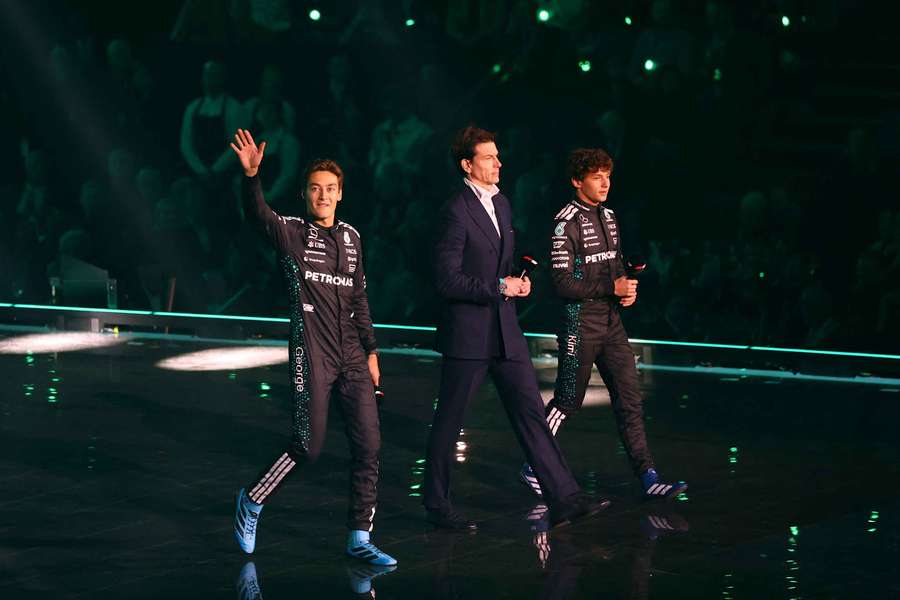 George Russell, left, Toto Wolff, centre, and Kimi Antonelli during the F175 event in London last week