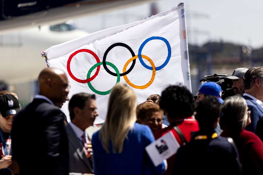 The arrival of the Olympic flag in Los Angeles, California (2024)