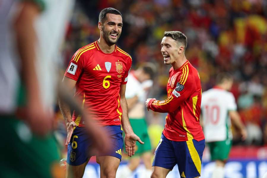 Mikel Merino of Spain celebrates scoring