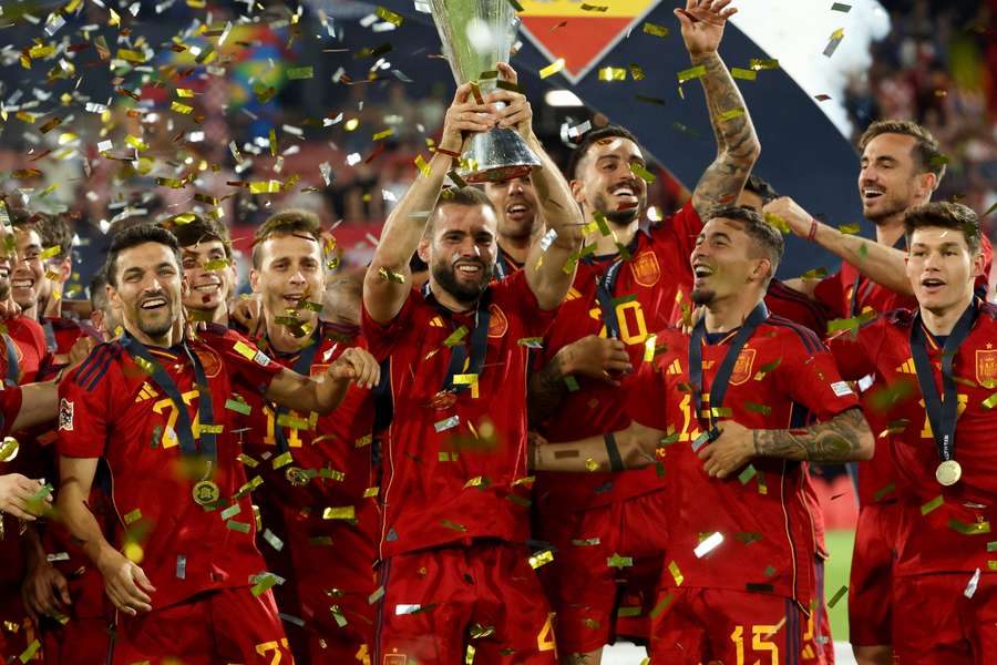 Los jugadores de España celebran la victoria en la Nations League el  año pasado en Países Bajos