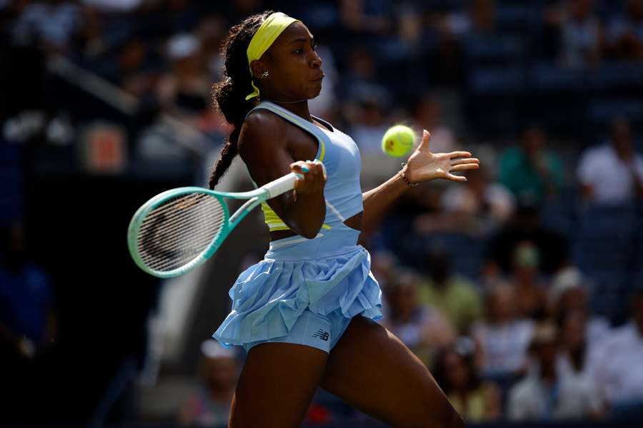 Coco Gauff of the U.S. in action during her first round match against France's Varvara Gracheva/Eduardo Munoz