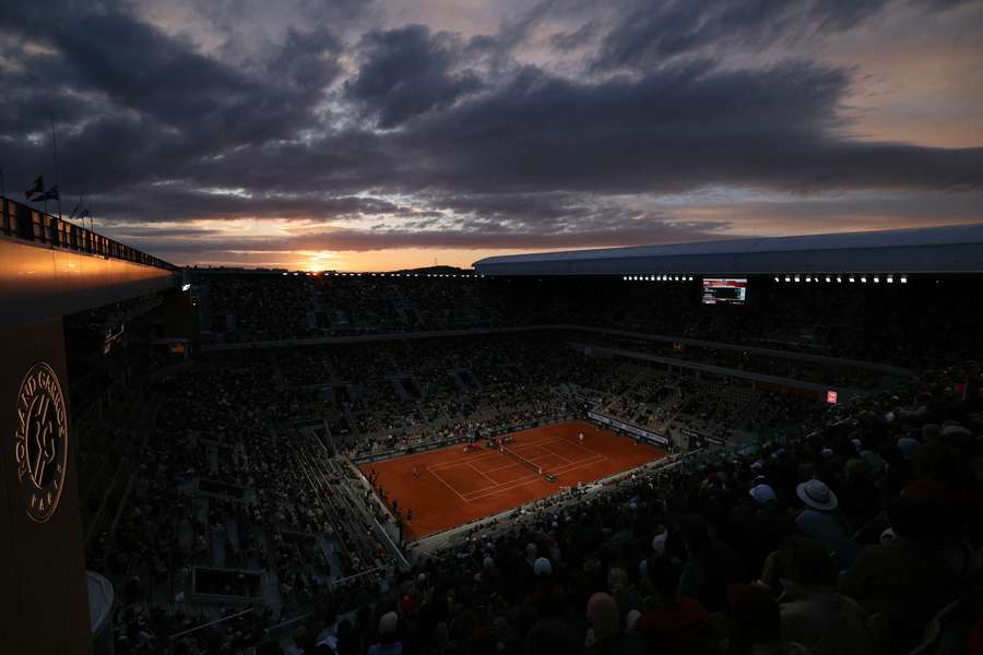 The sun sets over Court Philippe-Chatrier during the 2025 French Open