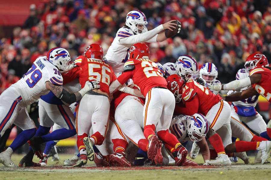 Bills quarterback Josh Allen diving for a first down in the 2025 AFC Championship Game