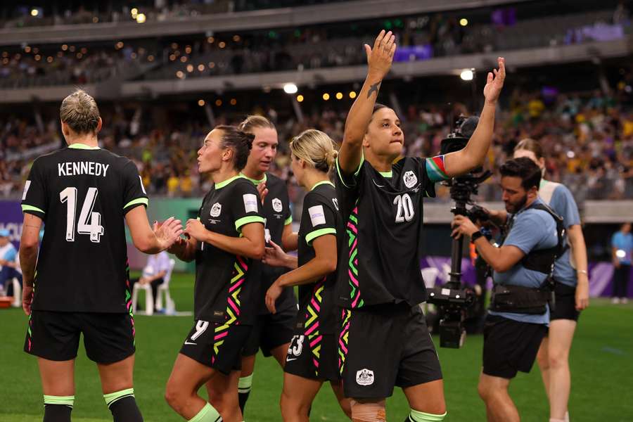 Sam Kerr pumps up a packed Perth Stadium during Australia's semi-final.