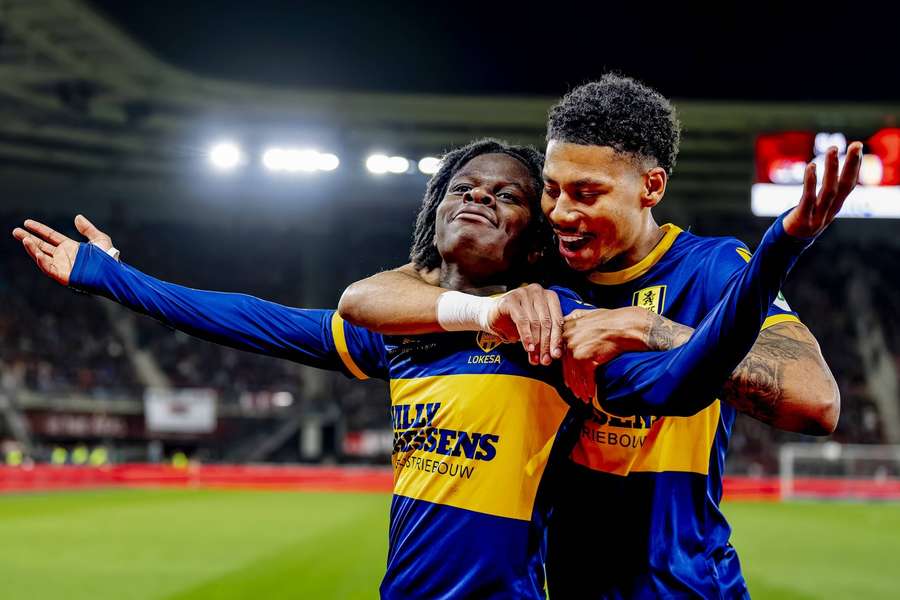 RKC Waalwijk's Christian Lokesa celebrates scoring the 2-1 against AZ