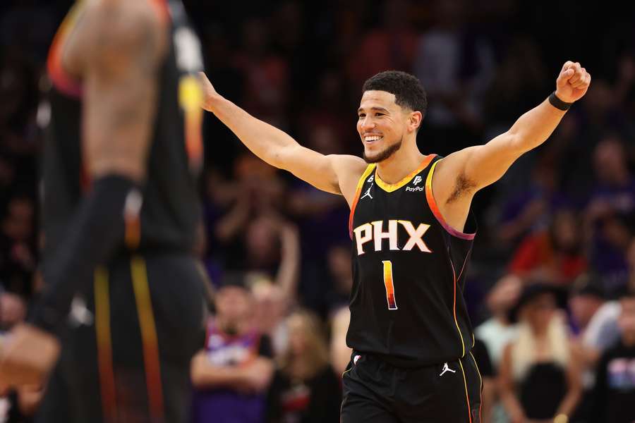 Devin Booker of the Phoenix Suns celebrates 