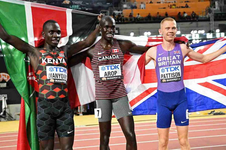 Emmanuel Wanyonyi, Marco Arop and Ben Pattison pose for a photograph after the 800m final Emmanuel Wanyonyi, Marco Arop and Ben Pattison pose for a photograph after the 800m final