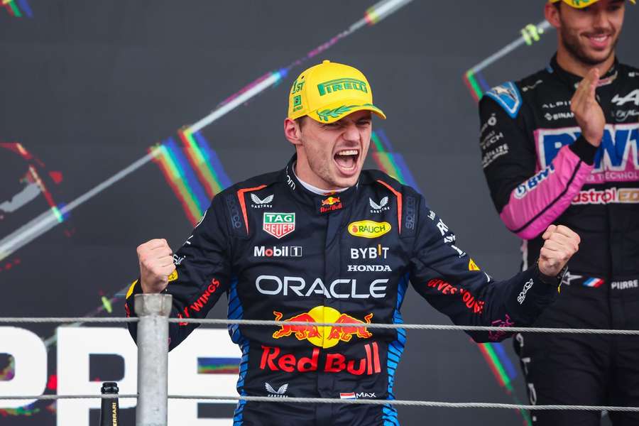 Max Verstappen celebrates winning the Brazilian Grand Prix