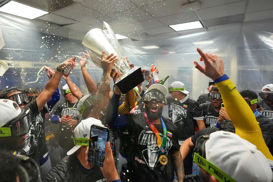 Team Venezuela celebrating their 2026 World Baseball Classic championship win
