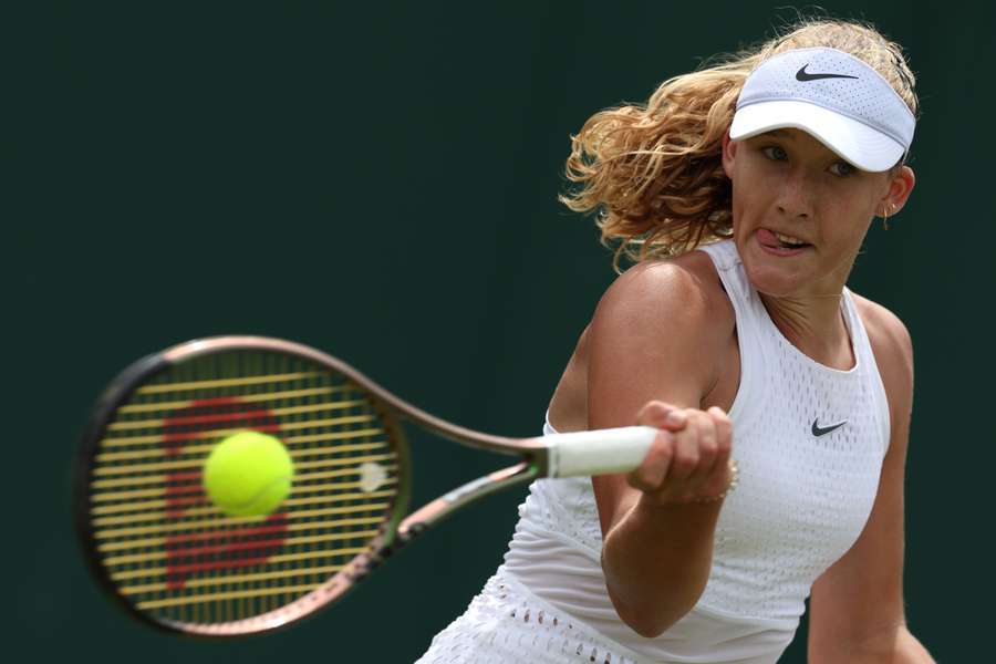 Russia's Mirra Andreeva returns the ball to Russia's Anastasia Potapova during their women's singles tennis match