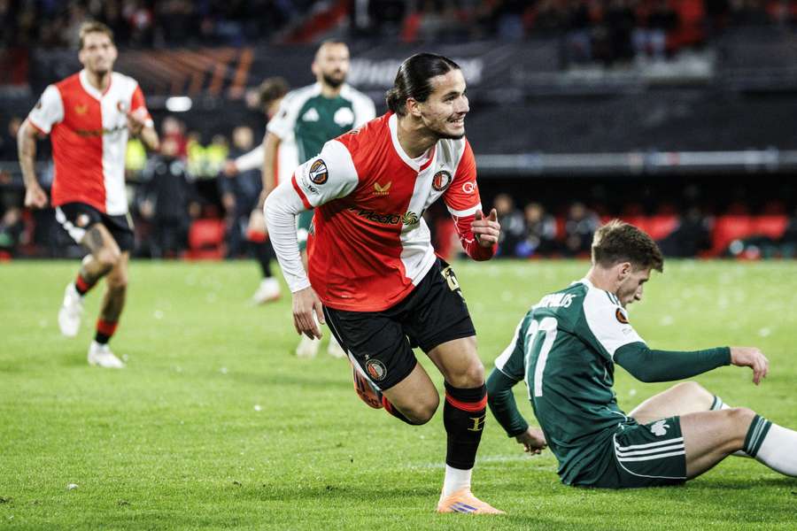 Feyenoord's Anis Hadj Moussa celebrates scoring against Panathinaikos