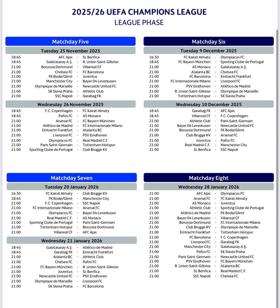 Il calendario completo 5ª-8ª giornata