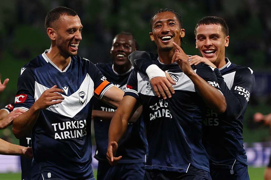 Melbourne Victory's Charles Nduka celebrates one of their four goals scored against Macarthur FC. Melbourne Victory's Charles Nduka celebrates one of their four goals scored against Macarthur FC.