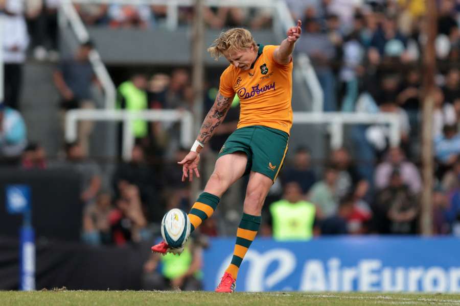 Carter Gordon hoofing the ball up-field against Argentina. Carter Gordon hoofing the ball up-field against Argentina.
