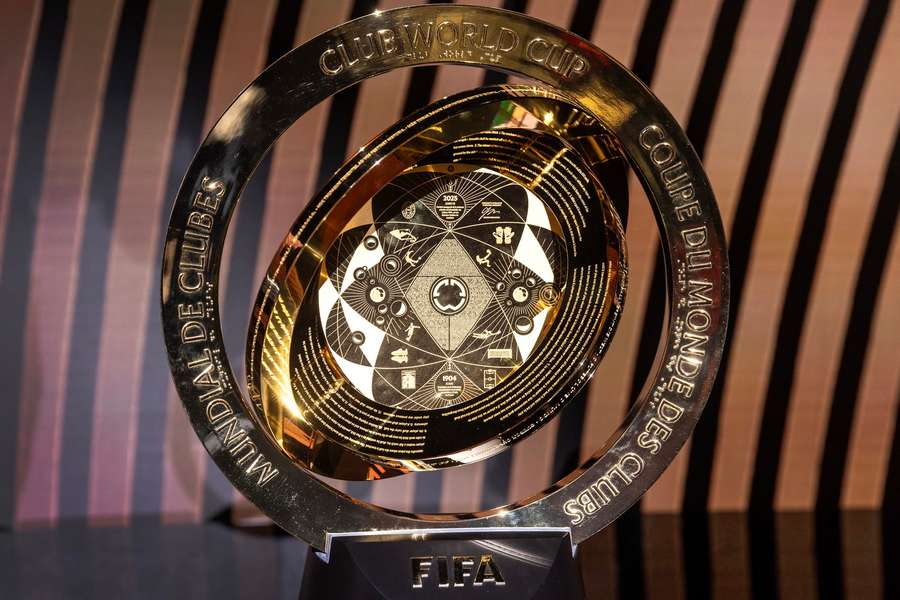 The trophy of the FIFA Club World Cup 2025 is displayed during the FIFA Club World Cup 202 Draw ceremony in Miami