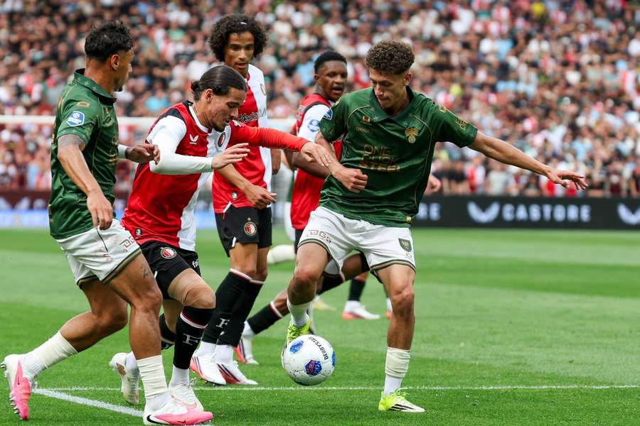 Feyenoord's Anis Hadj Moussa works his way through the Go Ahead Eagles defence Feyenoord's Anis Hadj Moussa works his way through the Go Ahead Eagles defence