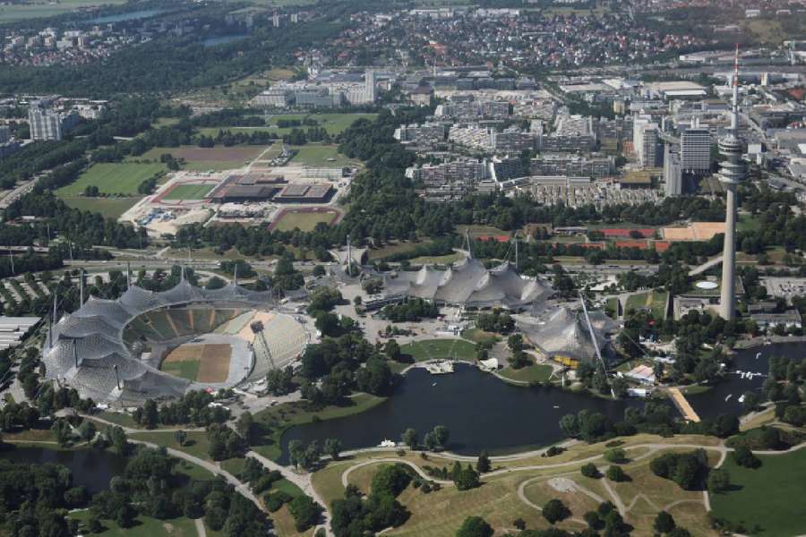 An aerial shot of the Munich Olympic stadium and Olympic Park