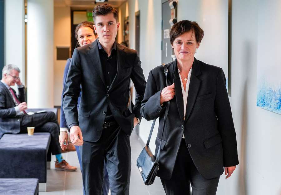 Jakob Ingebrigtsen and legal counsel Mette Yvonne Larsen walk after the lunch break at South Rogaland District Court, Sandnes, Norway