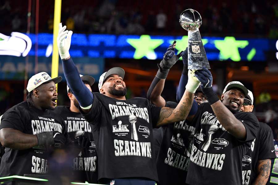 Seattle Seahawks players celebrate Super Bowl LX