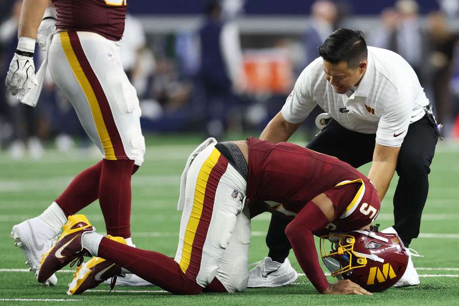 Washington Commanders' Jayden Daniels was injured on Sunday. Washington Commanders' Jayden Daniels was injured on Sunday.
