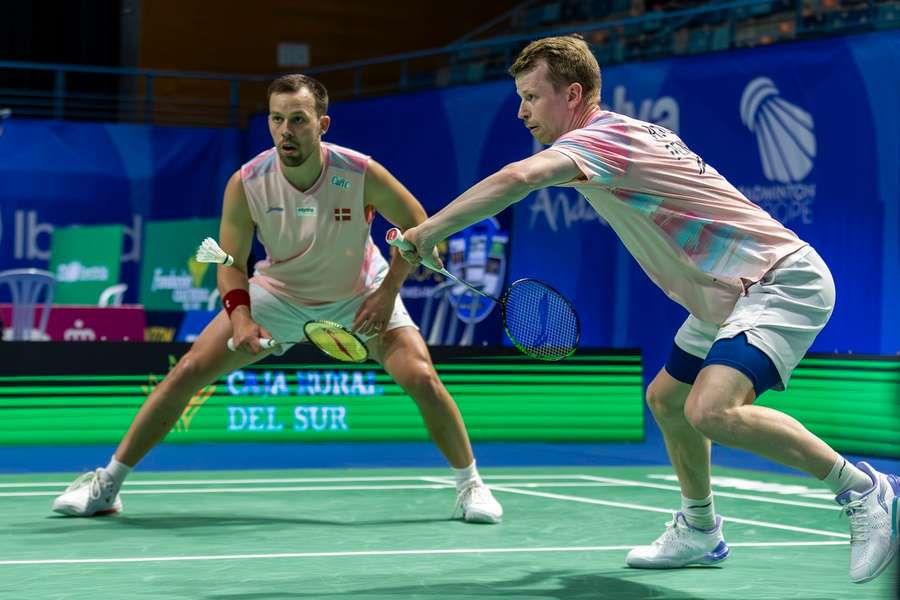 Kim Astrup (L) and Anders Skaarup Rasmussen of Denmark in action during the Thomas Cup tie
