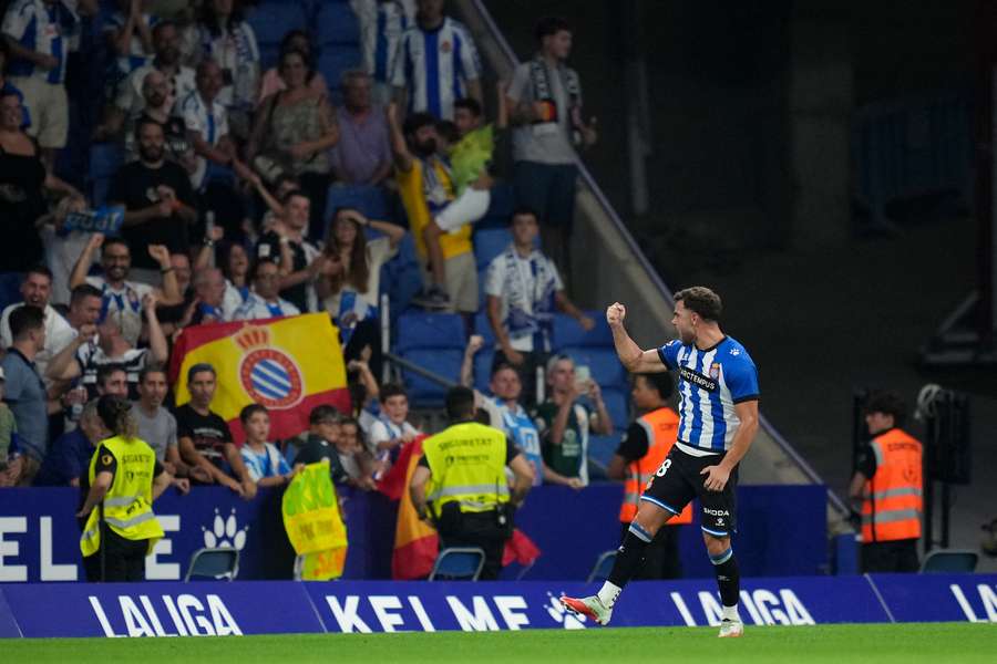 Marcos Fernandez Sanchez celebrates his goal for Espanyol Marcos Fernandez Sanchez celebrates his goal for Espanyol