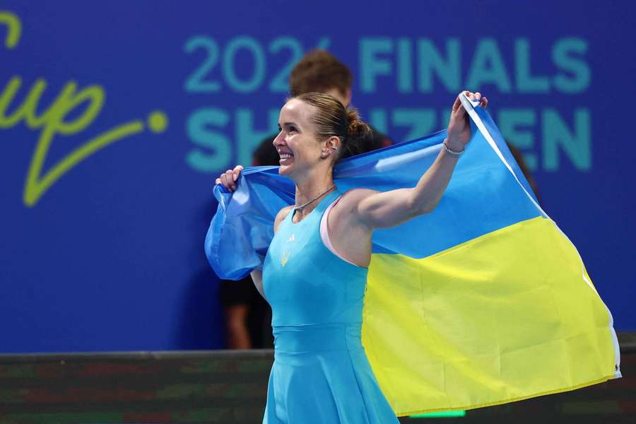 Ukraine's Elina Svitolina celebrates after winning her match against Italy's Jasmine Paolini