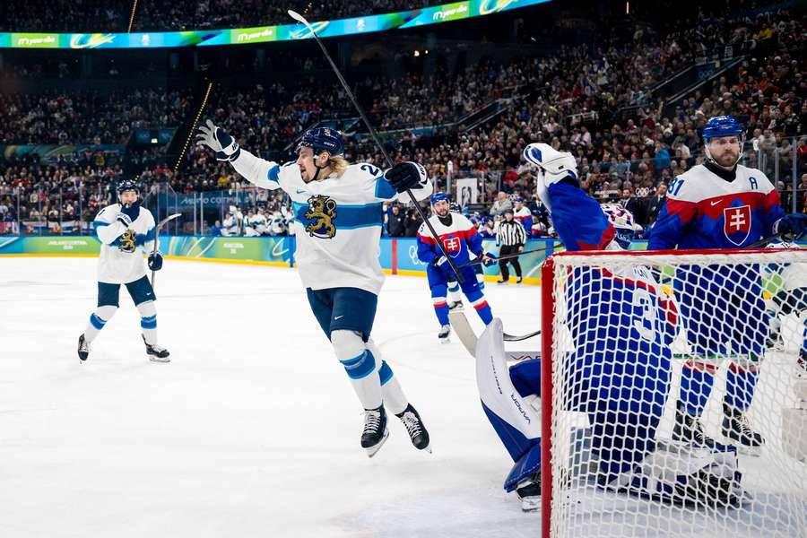 Roope Hintz celebrates scoring Finland's third goal Roope Hintz celebrates scoring Finland's third goal