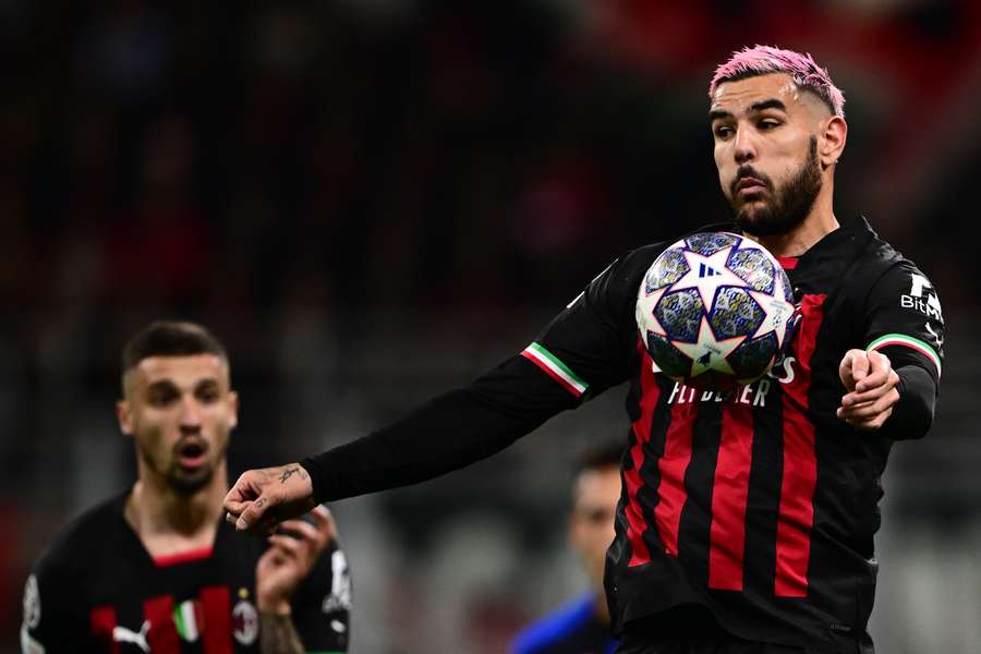 AC Milan's French defender Theo Hernandez chest controls