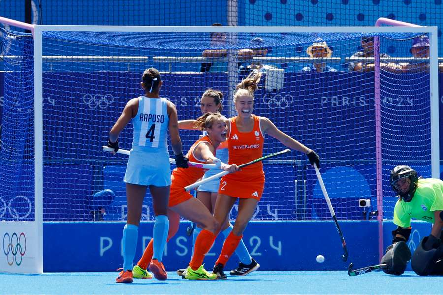 Luna Noa Fokke of Netherlands celebrates scoring their first goal in rout