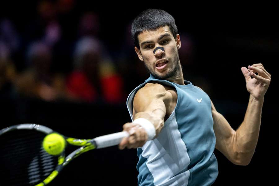 Carlos Alcaraz plays a forehand return against Andrea Vavassori on the fourth day of the ATP Tour Rotterdam Open