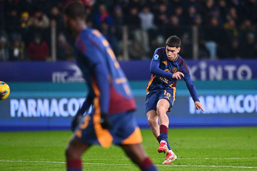 Matias Soule of AS Roma scores his team's first goal during the Serie A match against Parma