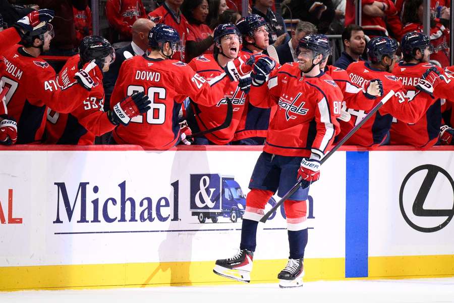 Capitals' Pierre-Luc Dubois celebrates goal with teammate Capitals' Pierre-Luc Dubois celebrates goal with teammate