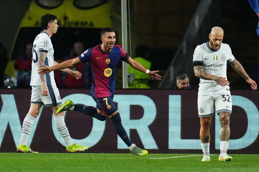 Barcelona's Ferran Torres celebrates after scoring against Inter Milan during the Champions League semi-final match