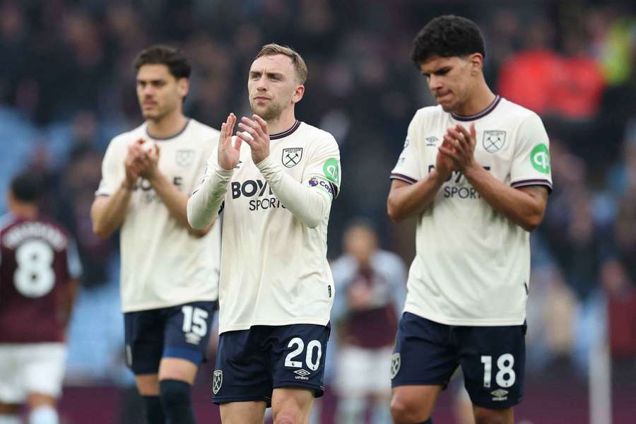 Jarrod Bowen applauds the West Ham fans following the defeat