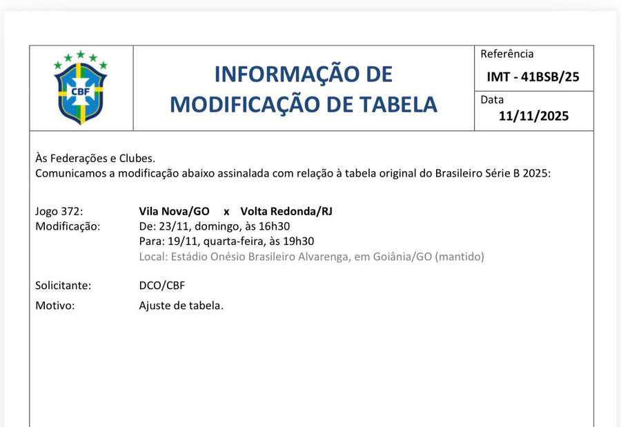 Comunicado da CBF sobre a alteração da partida entre Vila Nova e Volta Redonda