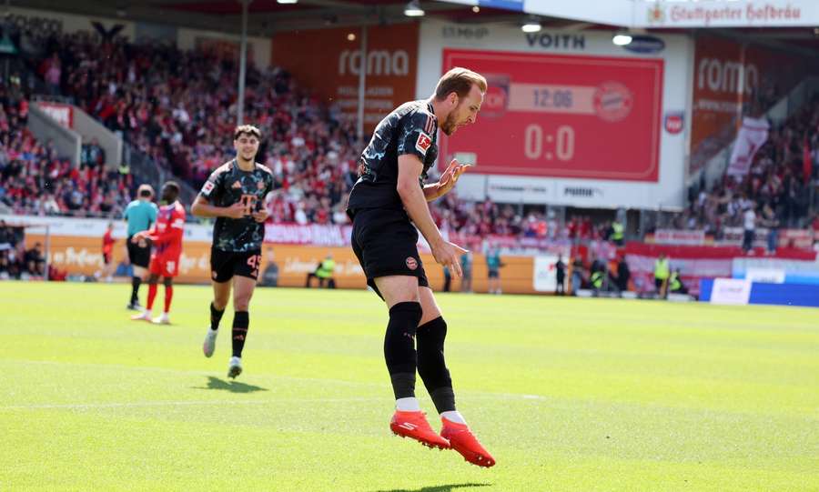 Harry Kane celebrates after scoring for Bayern Munich against Heidenheim Harry Kane celebrates after scoring for Bayern Munich against Heidenheim