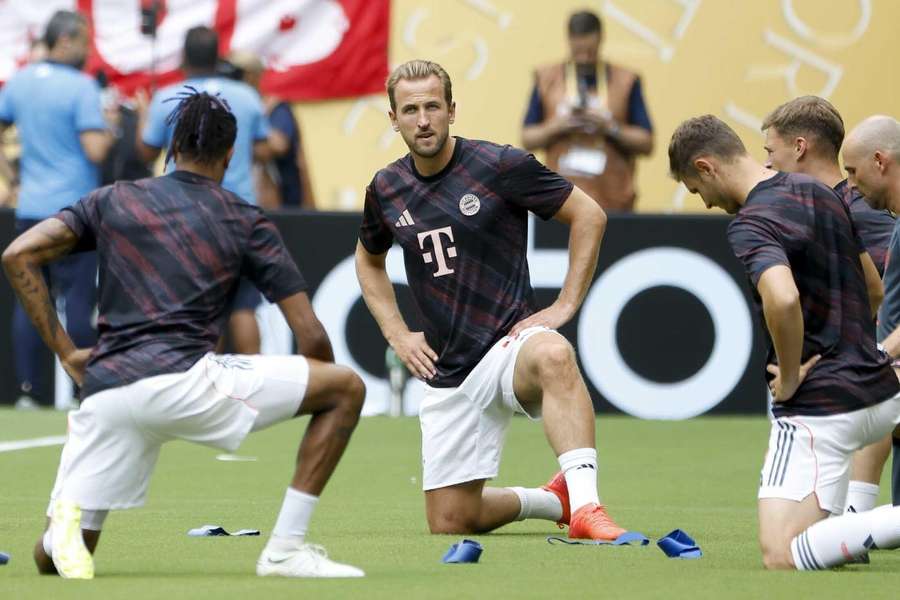 Bayern striker Harry Kane looks on during a training session