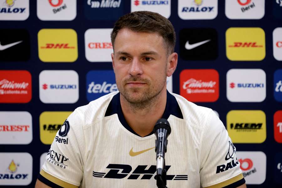 Pumas' Welsh midfielder Aaron Ramsey speaks during a press conference for his unveiling