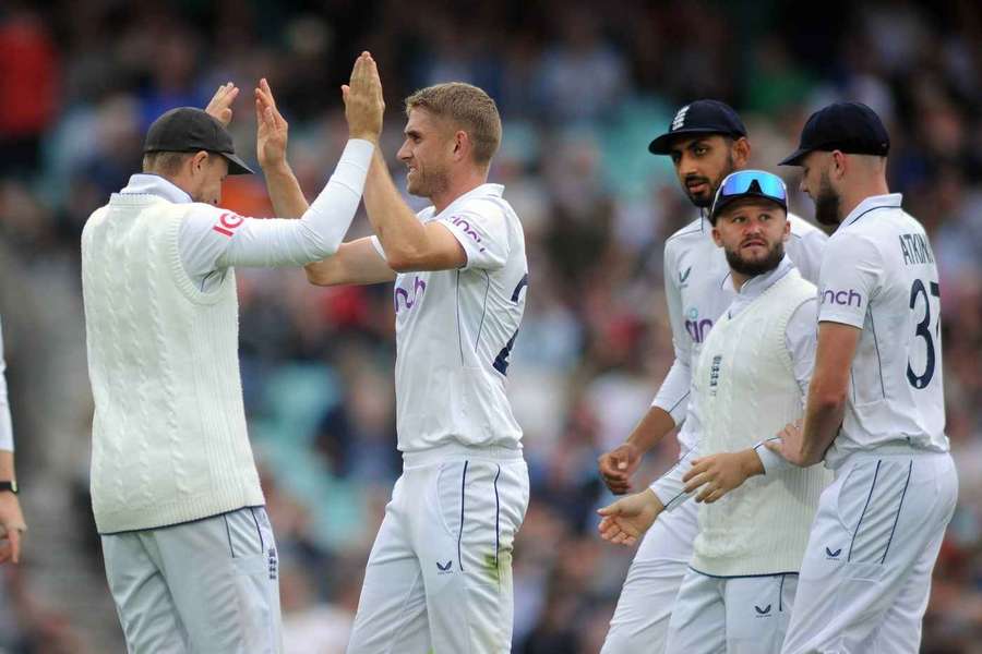 Olly Stone celebrates after a wicket on day two